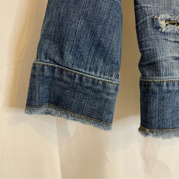 ALLEN B Women’s Jeweled Distressed Jean Jacket Cropped Sleeves Size Small - Picture 6 of 16